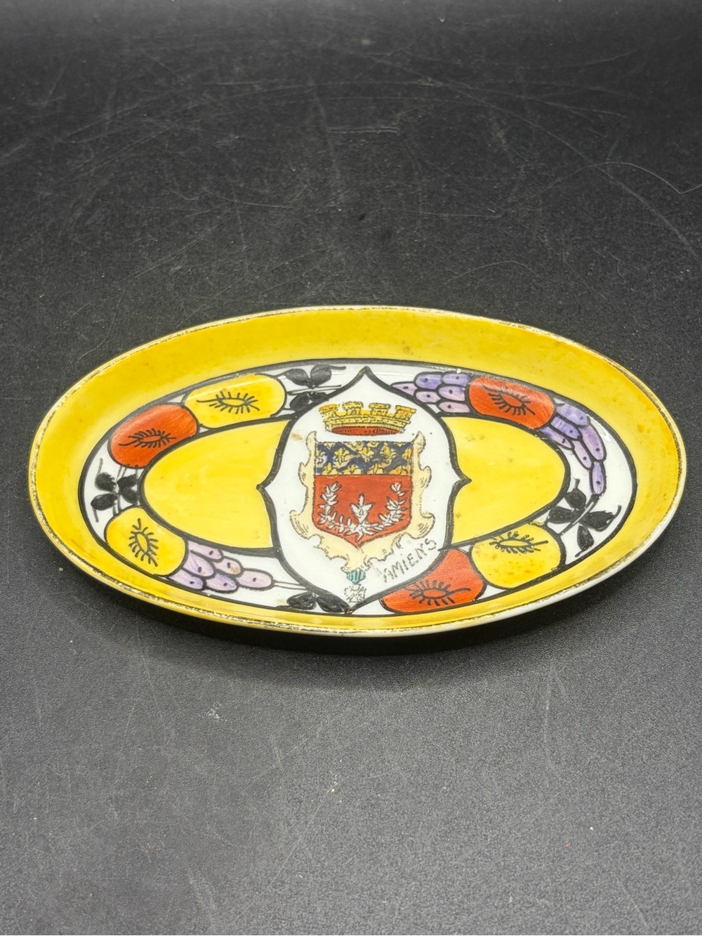 Amiens France Vintage Hand Painted Crest Motif Oval Ceramic Trinket Jewelry Dish